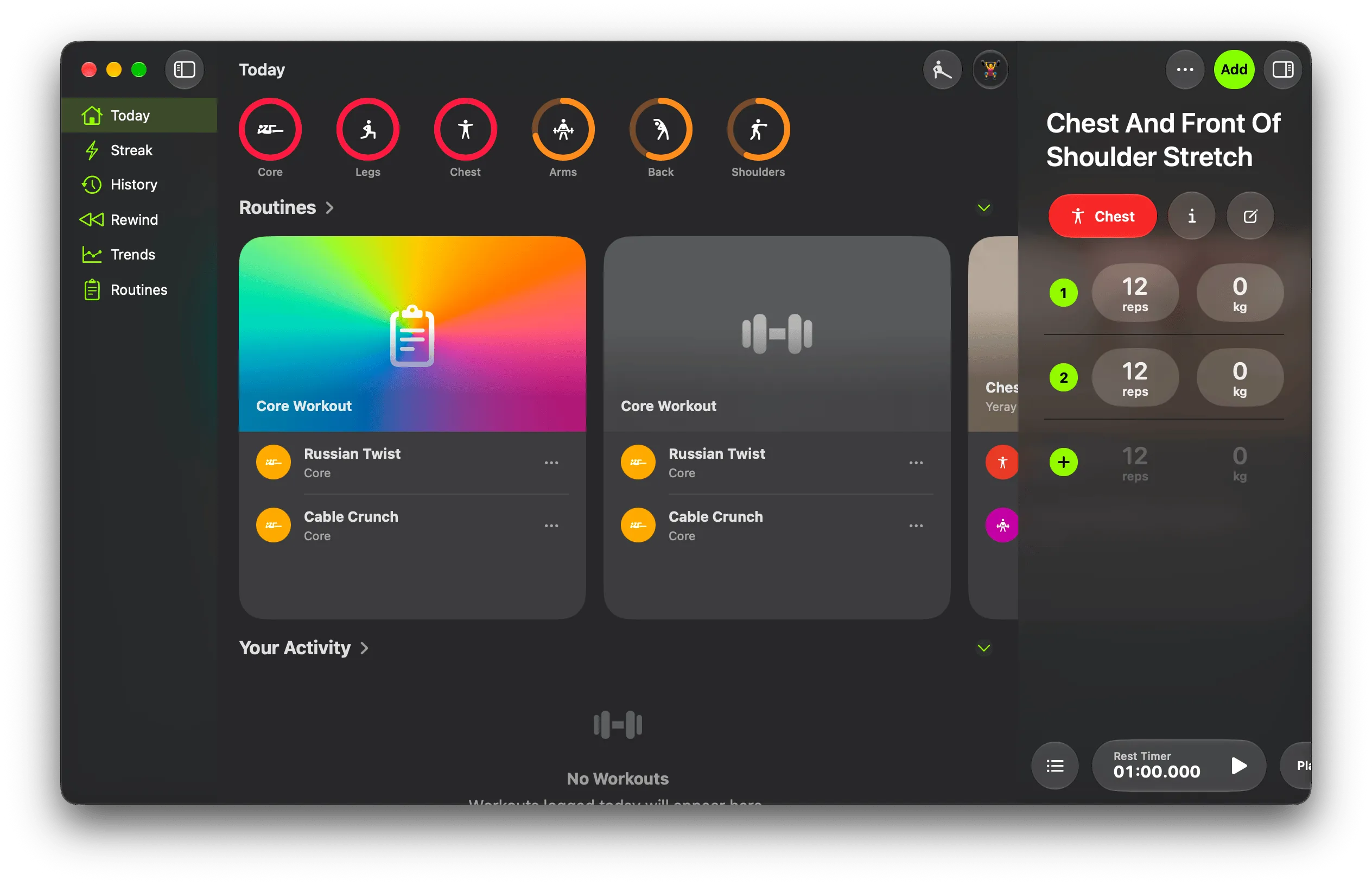 wrkout on Mac showing Today, routines, and an active workout