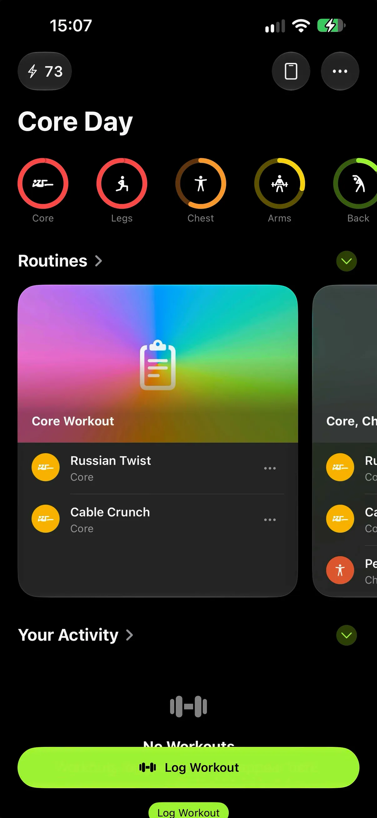 wrkout Today screen with workout focus areas and a Log Workout action